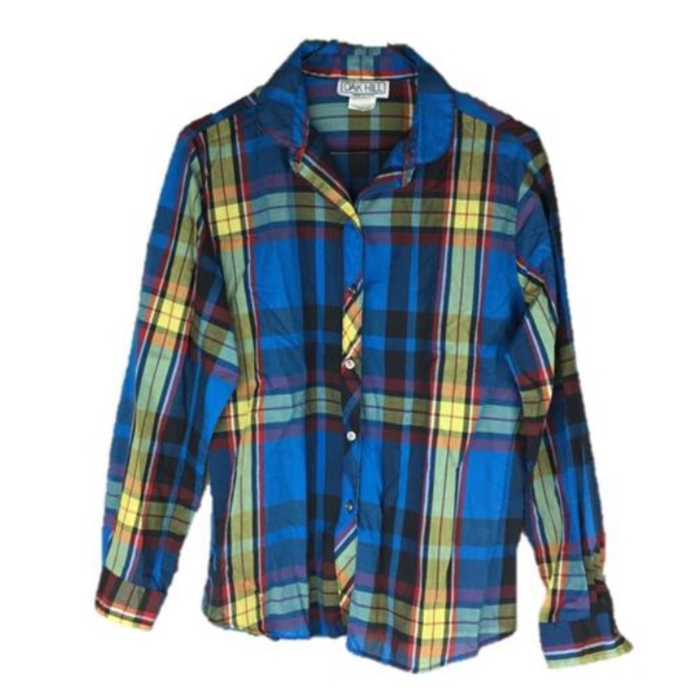 Vintage 80s Blue Plaid Peter Pan Collar Shirt L